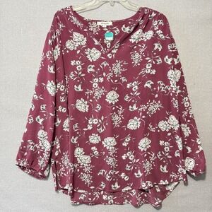 Monday‎ Fun Blouse Womens 2X Pink Floral V Neck Long Sleeve Boho Tunic Top NEW